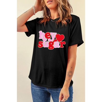 Black Chenille Heart hey sugar Patched Crewneck Valentines Tee