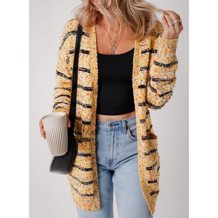 Beige Striped Pom Pom Knit Open Front Long Cardigan