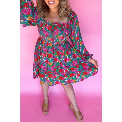 White Plus Size Floral Frilled Square Neck Shirred Long Sleeve Dress