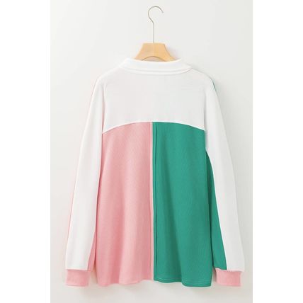 Pink Colorblock Ribbed Collared Oversized Sweatshirt
