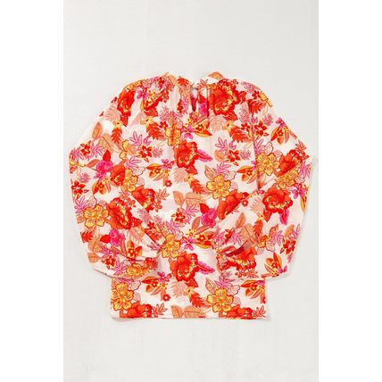Orange Floral Print Pearl Button Keyhole Long Puff Sleeve Blouse