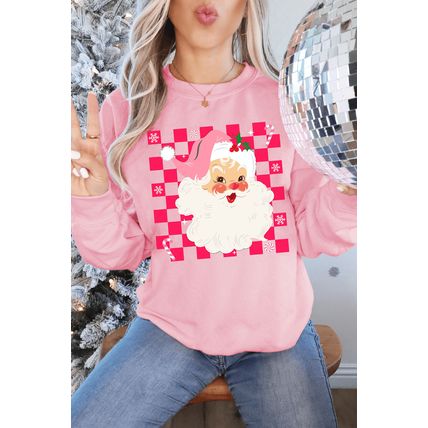 Pink Fancy Checkered Father Christmas Graphic Sweatshirt