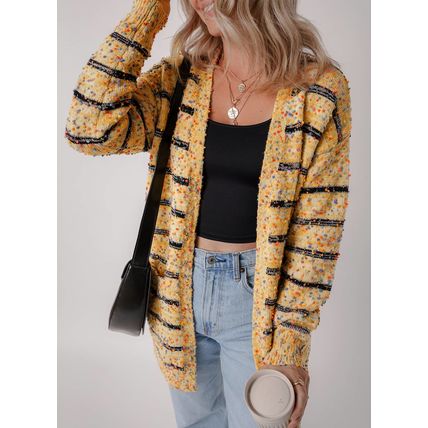 Beige Striped Pom Pom Knit Open Front Long Cardigan