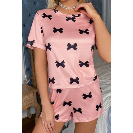 Pink Bow Printed Short 2pcs Lounge Set