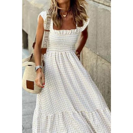 Khaki Plaid Ruffled Sleeve Smocked Maxi Dress