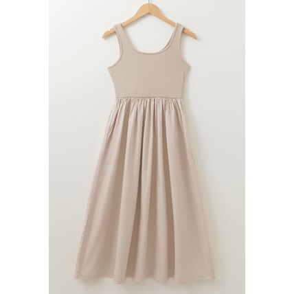 Beige Scoop Neck Ribbed Bodice Pleated Sleeveless Long Dress