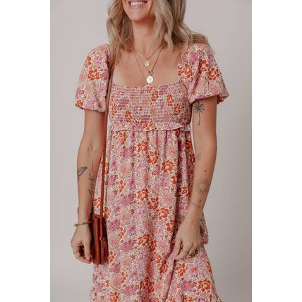 Pink Floral Square Neck Knotted Ruffle Midi Dress
