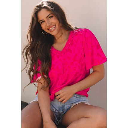 Rose Leopard Frilly V Neck Short Sleeve Blouse