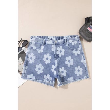 Ashleigh Blue Floral Pattern High Waist Raw Hem Plus Size Denim Shorts