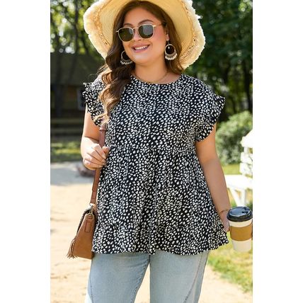 Black Leopard Print Ruffled Short Sleeve Keyhole Back Tiered Flowy Plus Size Blo