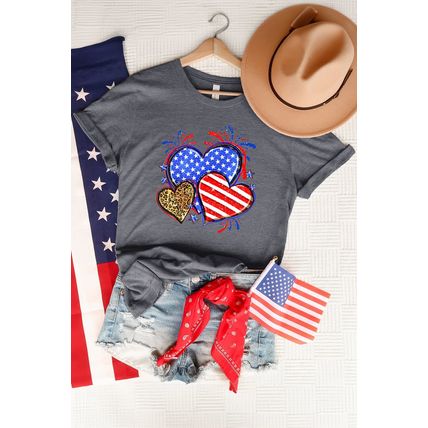 Gray American Heart July 4th Celebration Graphic T Shirt