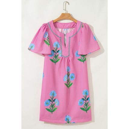 Rose Floral Short Sleeve Split Neck Loose Mini Dress
