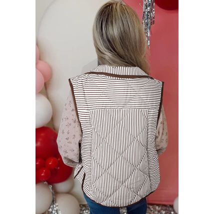 Brown Stripe Snap Button Scalloped Hem Collared Winter Vest