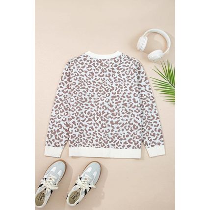Khaki Leopard Drop Shoulder Chunky Knitted Cardigan Sweater