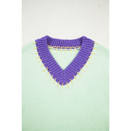 Green Stitched V Neck Color Block Knitted Drop Shoulder Sweater