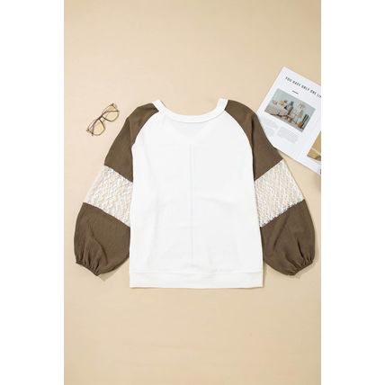 Green Colorblock Lace Patchwork Balloon Sleeve V Neck Plus Size Blouse