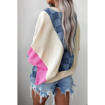 Sky Blue Oversized Checkered Denim Exposed Seam Patchwork Casual Sweatshirt