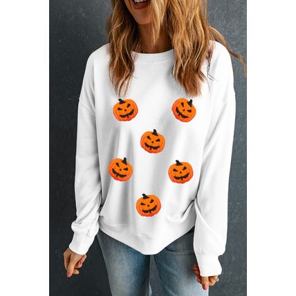White Pumpkin Face Patched Pattern Halloween Crew Neck Sweatshirt