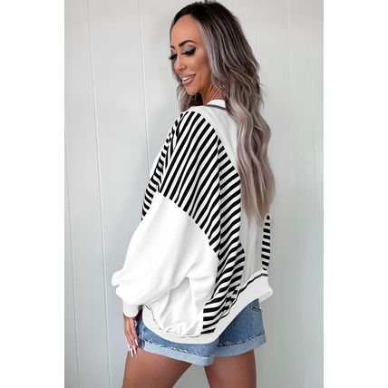White Stripe Colorblock Patchwork Contrast Stitching Oversize Sweatshirt