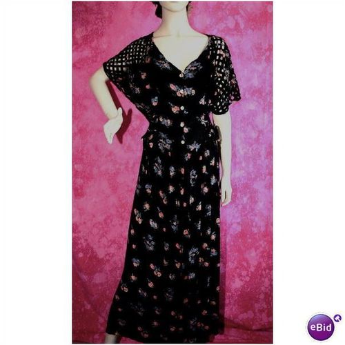 Womens Vintage 1970 Black Blue Floral Open Work Short Sleeved Dress Size 12 14