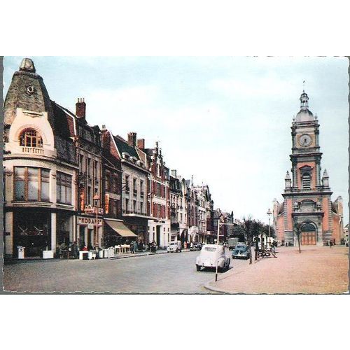 Lens, France - Place Jean-Jaures, church, old cars - postcard c.1960s