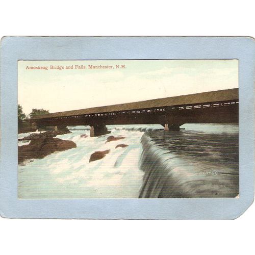 NH Manchester Covered Bridge Postcard Amoskeag Bridge & Falls World Guide ~401