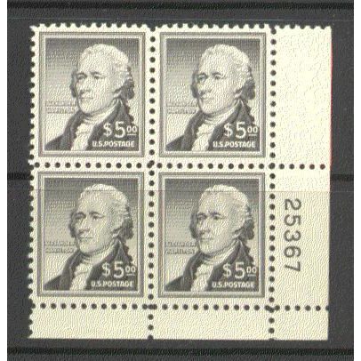 1053 $5 Alexander Hamilton Very Fine MNH Plt/4 G0308