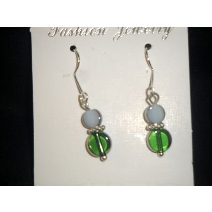 Pettite small silver plated white & green round glass hook earrings
