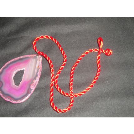 Increable 70X50MM pink agate slice on 18" woven red satin necklace