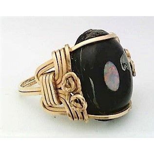 Black Onyx Opal Gold Wire Wrap Gemstone Ring sz 6