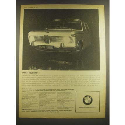 1965 BMW 1800 TI Car Ad - Unbeatable BMW