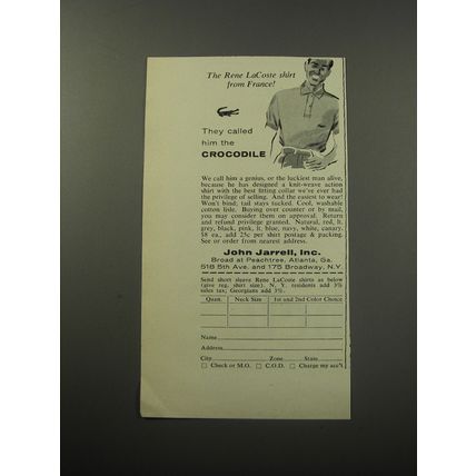 1955 John Jarrell Rene LaCoste Shirt Ad - They called him the crocodile