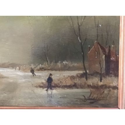 Antique Dutch Signed Oil Painting Children Skating on Frozen Lake 19.5 x 29.5 cm