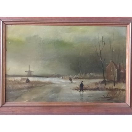 Antique Dutch Signed Oil Painting Children Skating on Frozen Lake 19.5 x 29.5 cm