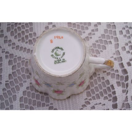 Salisbury Bone China DO 1920 Fluted Teacup Saucer Pink & Blue Flowers Gold Trim