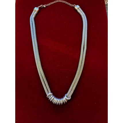 18 inch Silver-Tone Mesh Chain Necklace w/ Decorative Rings - Adjustable Length