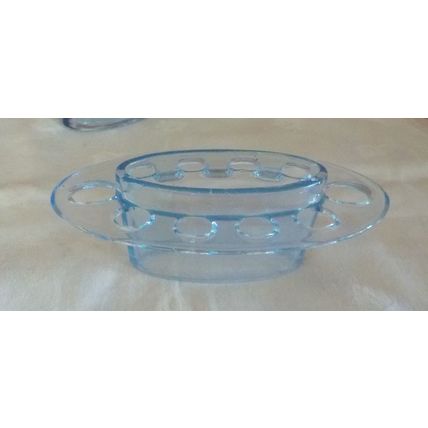 Art Deco Blue Oval Glass Vase with Frog (21cm long x 9cm wide x 9cm tall)