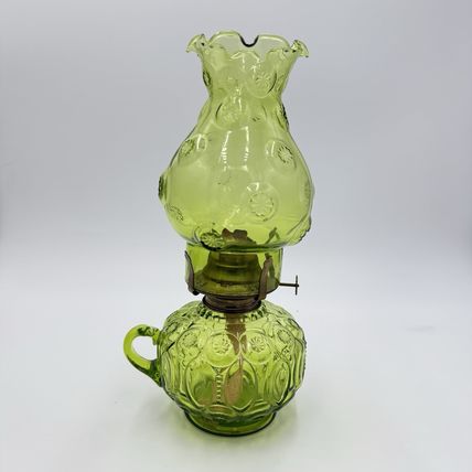MCM LE Smith Moon & Stars Art Glass Olive Green Oil Lamp (Loose)12”