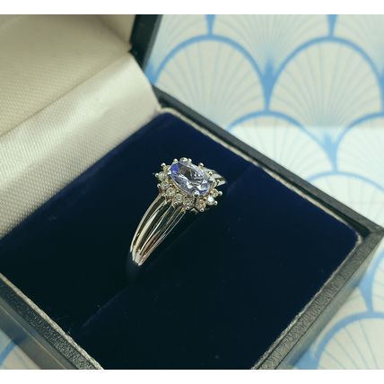 Vintage 925 Sterling Silver and Genuine Tanzanite and White Topaz Ring with Box