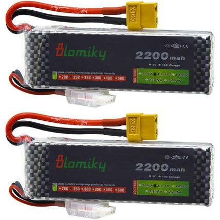 Blomiky 2 Pack XT60 Plug 11.1V 3S 2200Mah Lipo Battery and 1 Charger for RC Evad