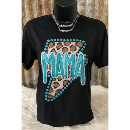 Black Western Fashion MAMA Leopard Lightening Graphic Tee