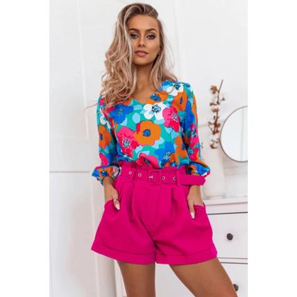 Multicolor Floral Print V Neck 3/4 Sleeve Blouse