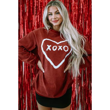 Racing Red XOXO Heart Shape Graphic Corded Sweatshirt