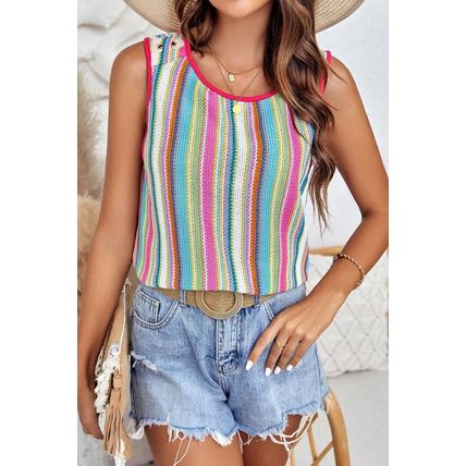 Rose Stripe Rainbow Eyelet Knit Button Decor Tank Top