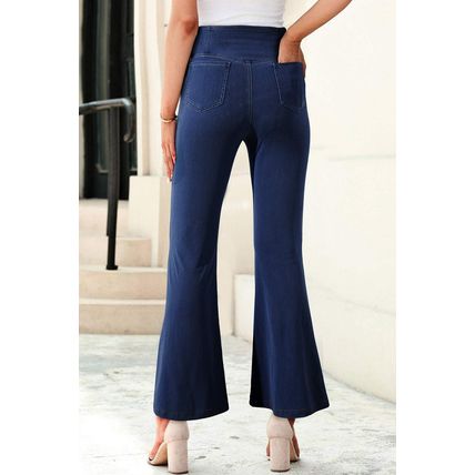 Dusk Blue Solid Crossed Waist High Elastic Fit Flare Knit Jeans