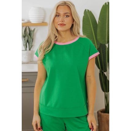 Bright Green Two Tone Contrast Textured Crewneck Tee and Shorts Set