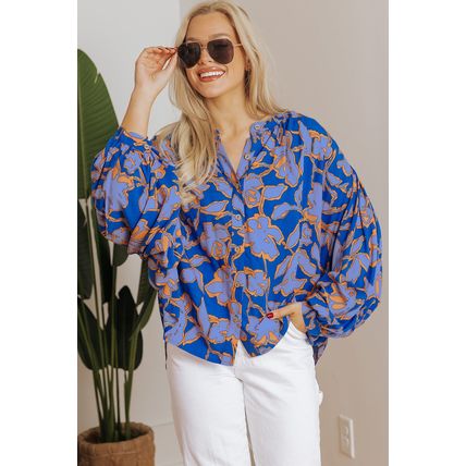 Blue Floral Print Batwing Sleeve Buttoned Loose Fit Shirt
