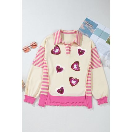 Pink Stripe Patchwork Sequin Heart Pattern Long Sleeve Collared Split Top