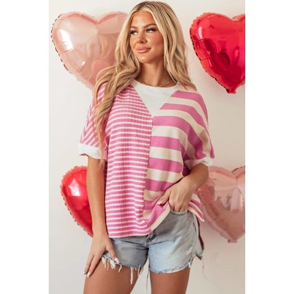 Pink Stripe Patchwork Textured Short Sleeve High Low Loose Top