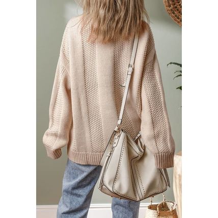 Pale Khaki Solid Color Cable Knit Ribbed Loose Sweater